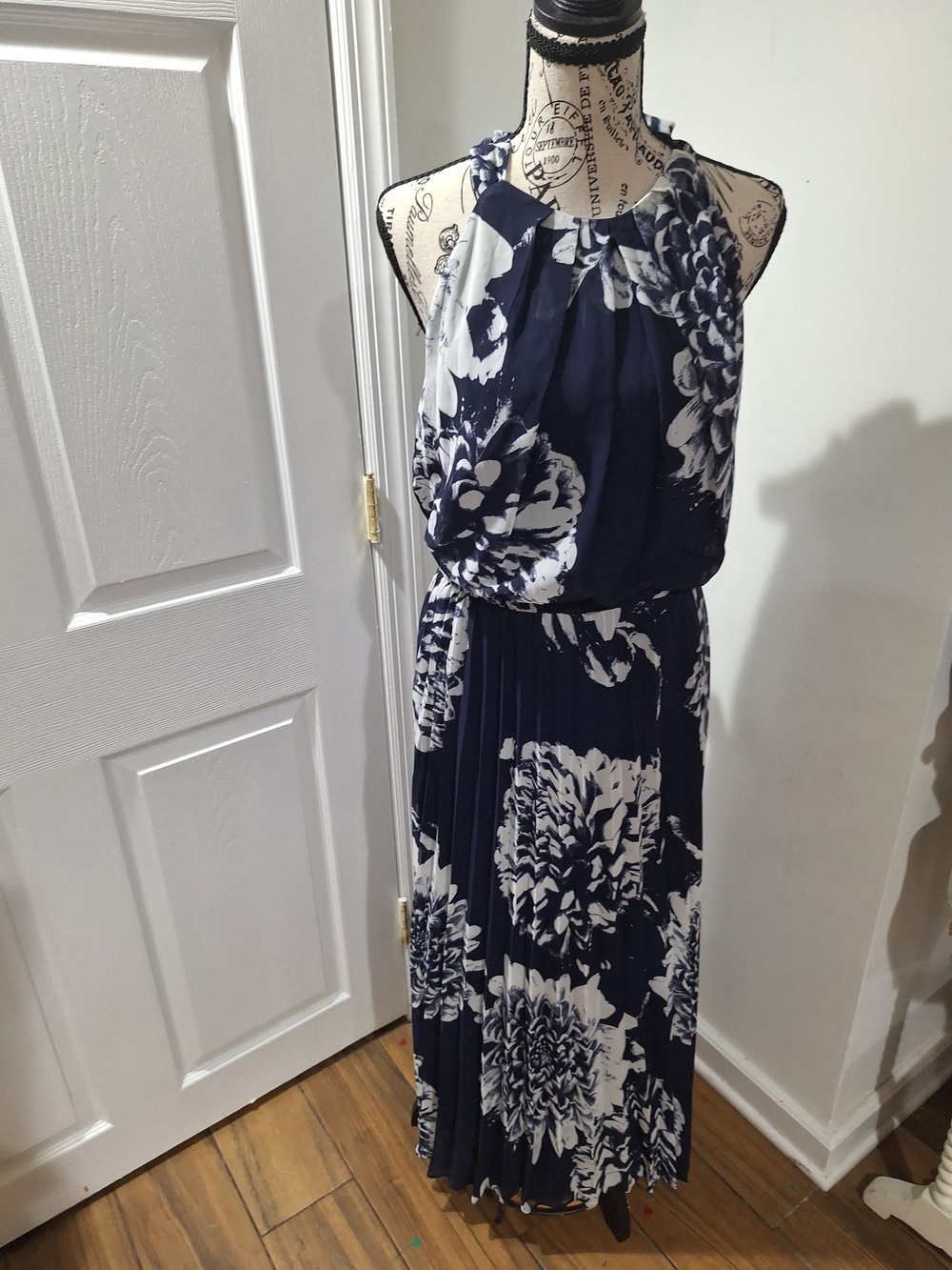 Navy & White Floral Halter Pleated Maxi Dress